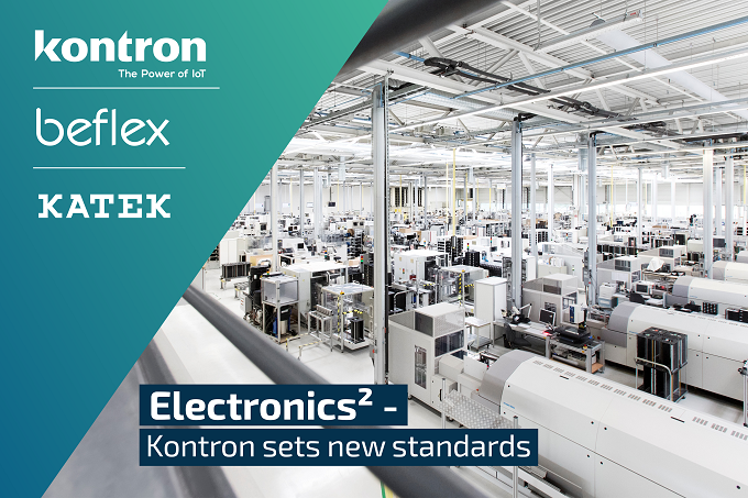 Production hall for electronics assemblies, company names Kontron, KATEK and beflex, companies of the Kontron Group stand for development, prototyping, production, assembly